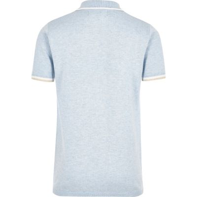 Boys blue knit colour block polo shirt